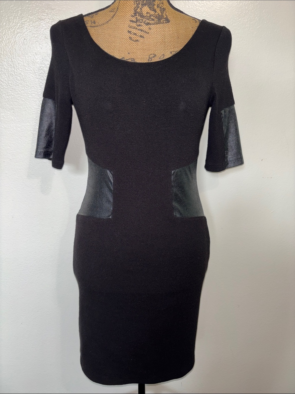 Zara Sz M Black Faux-Leather Lined Knit Panel Bodycon Dress